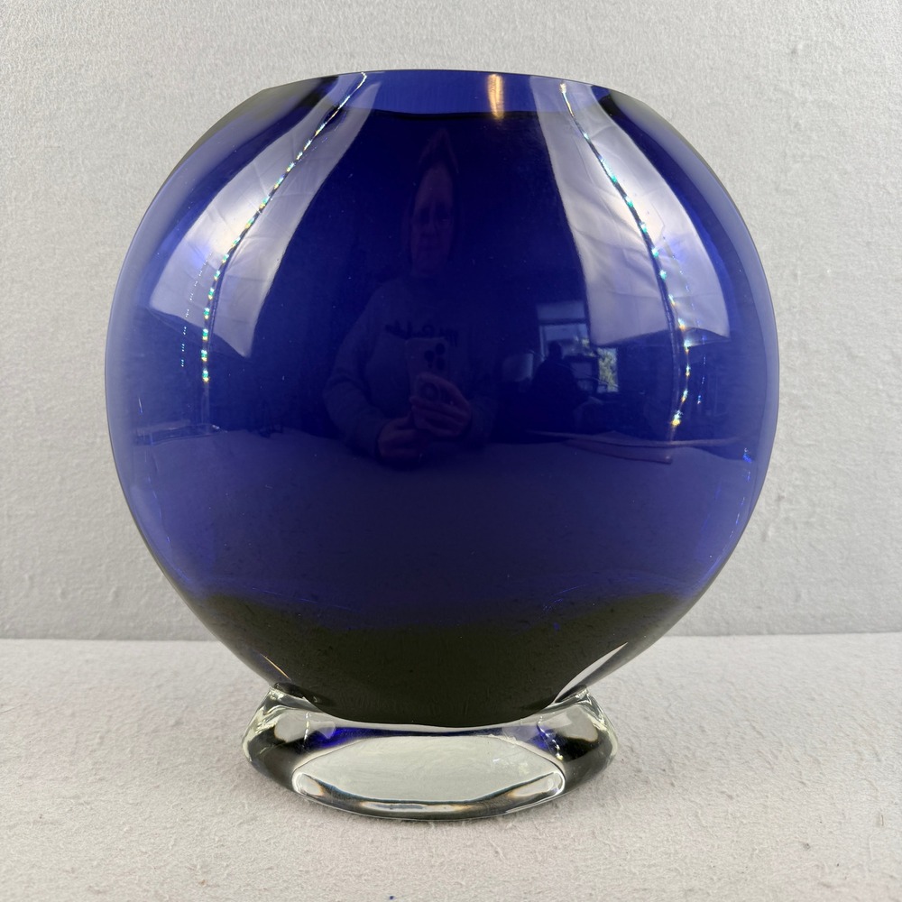 Cobalt Blue Vintage Art Glass Vase 10" Large MCM Oblique Asymmetrical Form - Picture 5 of 11